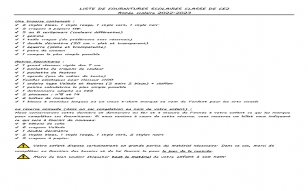 Listes de fournitures CE2